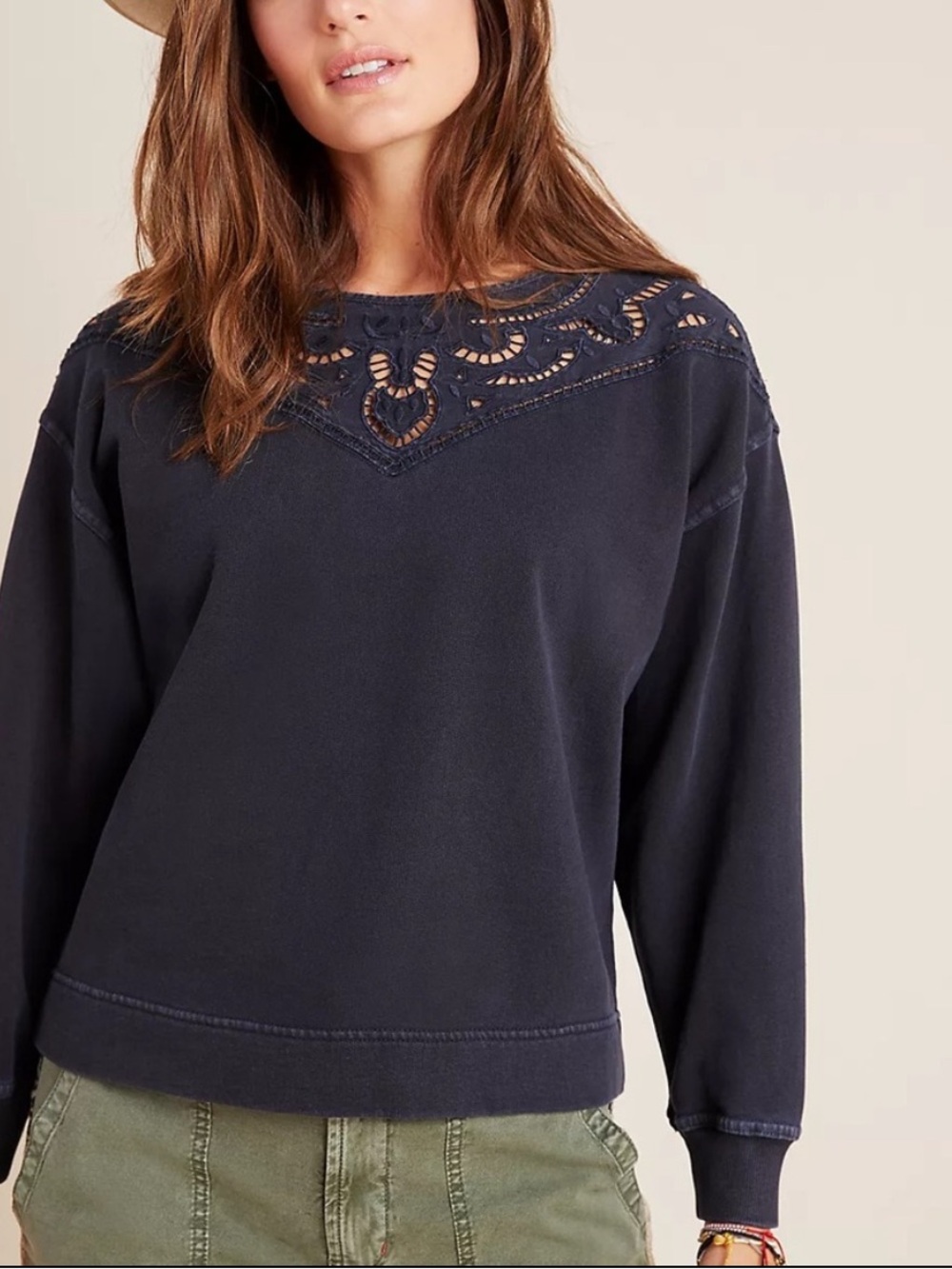 Anthropologie Fabienne Eyelet Lace Sweatshirt Navy Cotton Pullover Size Small